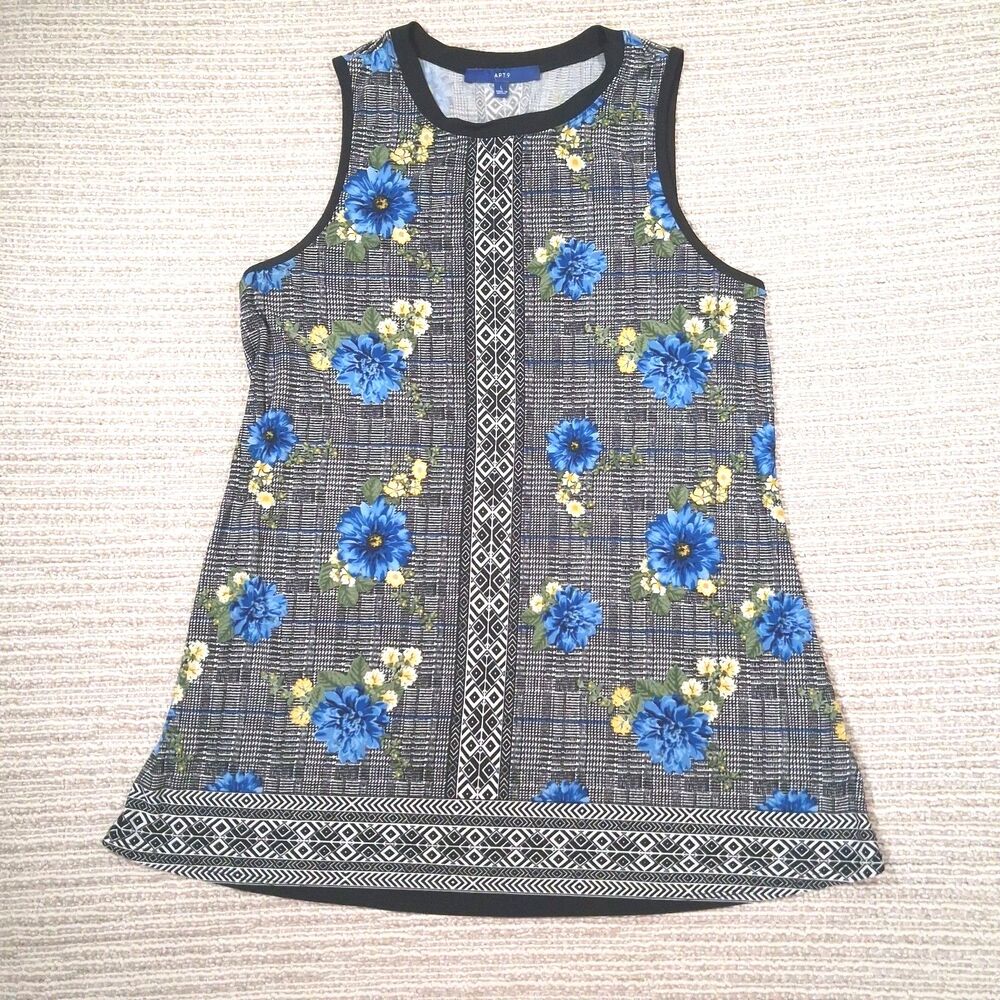 Apt 9 Womens Large Tank Top Floral Plaid Blue Black Geometric Sleeveless Shell